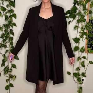 Long Line Black Coat with Pockets Midi Length - M